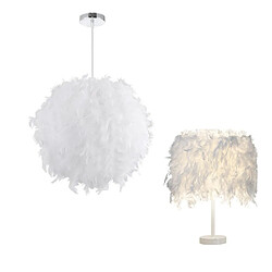 Stoex Lustre Suspension abat-jour Lampe plumes 30 cm + Lampe de table en plumes Blanc 20cm