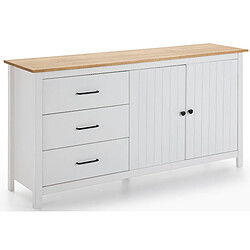 Pegane Buffet en pin massif décor ciré chêne et blanc, meuble de rangement - Longueur 150 x Profondeur 40 x Hauteur 80 cm