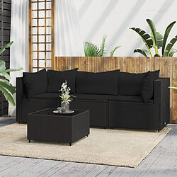 vidaXL Salon de jardin 4 pcs avec coussins Noir Résine tressée