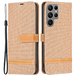 Etui en PU texture de jean avec support pour votre Samsung Galaxy S23 Ultra - marron