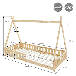 ML-Design Lit d'enfants Tipi bois de pin naturel protection antichute + matelas 200x90 cm pas cher