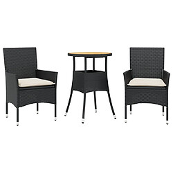 vidaXL Ensemble à manger de jardin et coussins 3 pcs noir rotin acacia