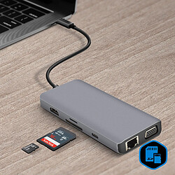 Hub USB-C 3x USB 1x HDMI 1x VGA 1x Ethernet 1x USB-C 1x microSD / SD Akashi Gris pas cher