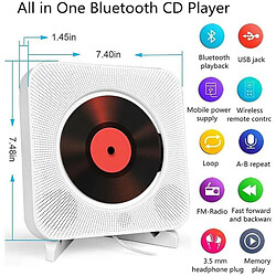 Chrono Lecteur CD portable avec haut-parleur haute fidélité Bluetooth mural, haut-parleur audio domestique avec télécommande, radio FM USB-MP3 prise casque 3,5 mm, entrée/sortie AUX avec interrupteur à tirette(Blanc)