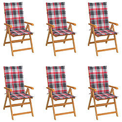 vidaXL Chaises de jardin lot de 6 et coussins carreaux rouge Bois teck