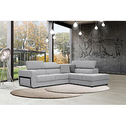 Courtois Laville Canapé d'angle droit Bergo 5 places en tissu gris clair avec coussins déco