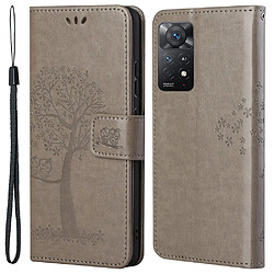 Etui en PU motif hibou et arbre avec support, gris pour votre Xiaomi Redmi Note 11 Pro 4G (MediaTek)/Note 11 Pro 5G (Qualcomm)