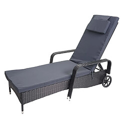 Decoshop26 Chaise longue relaxation transat de jardin bain de soleil poly rotin anthracite housse gris 04_0004237