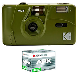 KODAK Pack M35 Argentique + Pellicule APX 400, 36 poses - Appareil Photo Kodak Rechargeable 35mm Kaki, Objectif Grand Angle Fixe - Olive Green