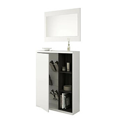 Meuble a chaussures + miroir - Mélaminé blanc et anthracite - 1 porte + 3 niches de rangement - L108 x P11 x H60 cm ADHARA