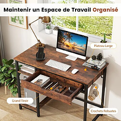 Helloshop26 Bureau d'ordinateur avec tiroir poste de travail informatique industriel de 100 cm avec étagère réglable avec crochets brun rustique 20_0007984