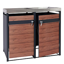 Decoshop26 Abris poubelles deux compartiments vérouillable avec bac à plantes en métal anthracite aspect bois de cerisier marron foncé 04_0006993