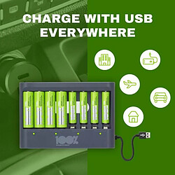 Acheter 100% PeakPower Chargeur 8 Piles Rechargeables AA et AAA avec 4 Piles AA et 4 Piles AAA Minh Rechargeables | 100%PEAKPOWER | Chargeur Rapide USB