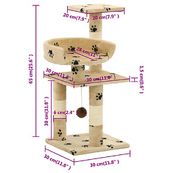 vidaXL Arbre à chat et griffoirs en sisal 65 cm Beige Motif de pattes pas cher