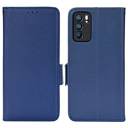 Etui en PU texture litchi, double fermeture magnétique avec support, bleu foncé pour votre Oppo Reno6 5G