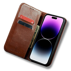 Etui en PU texture rétro, double ligne de couture, anti-chute avec support pour votre iPhone 14 Pro - marron foncé