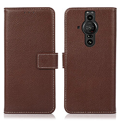 Etui en PU texture litchi marron pour votre Sony Xperia Pro-I