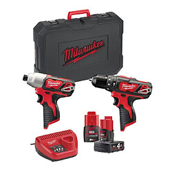 Milwaukee - Pack 2 outils perceuse à percussion + visseuse à chocs 12 V Li-Ion 2.0 + 4.0 Ah - M12 BPP2B-421C