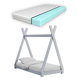 Lit Tipi pour Enfants avec Matelas Orthopédique Onejda Gris Clair 80 x 160 cm [en.casa]