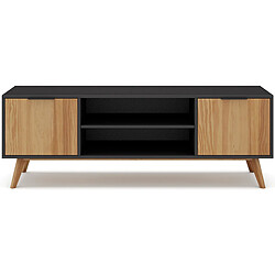 Pegane Meuble TV en pin massif décor ciré naturel et noir, meuble de rangement - Longueur 140 x Profondeur 40 x Hauteur 53 cm