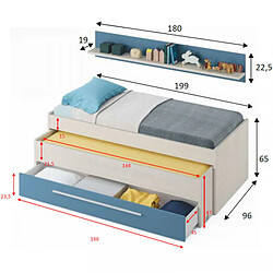Dansmamaison Lit gigogne 90x190 + 1 tiroir Bois blanchi/Bleu - RIVERSIDE