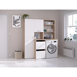 Vente-Unique Meuble pour machine à laver avec étagères, placards et colonne de rangement - Naturel clair et blanc - L156 x H184 cm - ERKANO