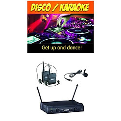 Power Double micro sans fil Serre tête PRO VHF DJ KARAOKE 2 canaux + Micro-Cravate VHF- Freq 178.5 – 183.5 Mhz