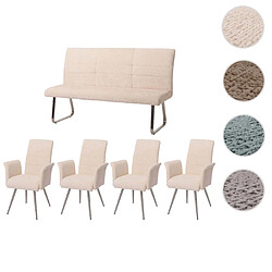 Mendler Set de salle à manger HWC-G55, set de 4 chaises avec accoudoirs+banc 160cm, inox brossé tissu/textile chenille ~ crème