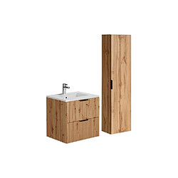 Vente-Unique Meuble de salle de bain strié avec vasque à encastrer et colonne - Coloris naturel clair - 60 cm - ZEVARA