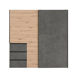 Armoire 2 portes coulissantes 3 tiroirs - Decor chene artisan et beton gris - L 200,1 x P 61,2 x H 200,5 cm - WINN2