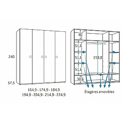 Inside 75 Armoire 4 portes 224,9 x 57,5 x 240 cm finition chêne blanchis