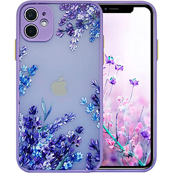 Compatible avec la coque iPhone 11, coque de protection mignonne pour femme et fille en silicone souple violet pare-chocs mat avec dos en PC dur avec motif floral esthétique pour iPhone 11 – lavande violette