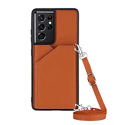 Coque en TPU + PU Peau caoutchoutée avec support et porte-cartes marron pour votre Samsung Galaxy S21 Ultra 5G