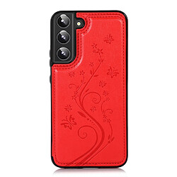 Coque en TPU + PU motif fleur, deux boutons magnétiques avec béquille et porte-cartes rouge pour votre Samsung Galaxy S22 5G