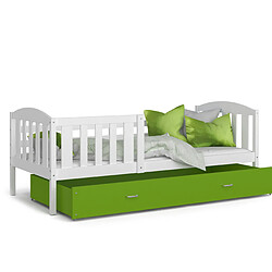 Kids Literie Lit enfant Téo 90x190 blanc vert livré avec tiroir, sommier et matelas en mousse de 7cm offert