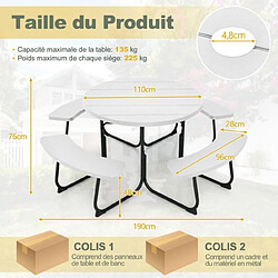 Avis Helloshop26 Ensemble table de pique-nique avec 4 bancs intégrés ensemble de jardin table de pique-nique circulaire 135 kg trou pour parasol 190 x 76 cm blanc 20_0008515