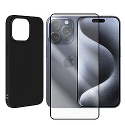 Coque de protection souple silicone Noir + Lot de 2 Verre trempé avec bords Noir pour iPhone 15 Pro 6.1" - VISIODIRECT -