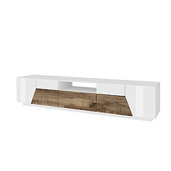 Alter Meuble TV de salon, Made in Italy, meuble TV avec 4 portes géométriques et 1 tiroir, cm 220x43h46, blanc brillant et érable