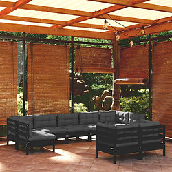 vidaXL Salon de jardin 9 pcs avec coussins Noir Bois de pin massif