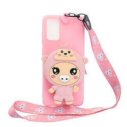 Coque en TPU + Silicone Porte-monnaie en forme d'animal de dessin animé 3D souple avec sangle de cou cochon/rose pour votre Samsung Galaxy A41 (Global Version)