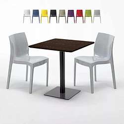 Grand Soleil Table Carrée 70x70 Effet Bois avec 2 Chaises Colorées Ice Melon - Gris