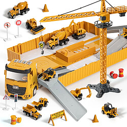 Universal Véhicule de construction en alliage avec son et léger stationnement de voiture ensemble camion jouet garçon bulldozer excavatrice grue cadeau enfant(Jaune)