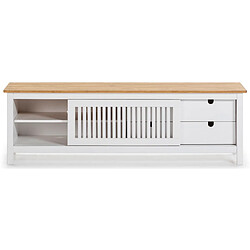 Acheter Pegane Meuble TV en pin massif décor ciré chêne et blanc, meuble de rangement - Longueur 158 x Profondeur 40 x Hauteur 49.6 cm