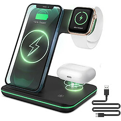 Chrono Chargeur sans fil, station de charge rapide certifiée Qi 3 en 1 compatible avec Apple Watch SE/6/5/4/3/2/AirPods 2/Pro, chargeur sans fil pour iPhone 12/11/Pro Max/XS/XS Max/XR /X/8/8P/Samsung S20/S10,(noir)