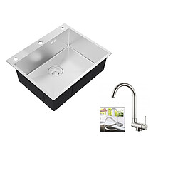 Auralum max Évier de Cuisine à Encastrer,1 Bac,60*49*20CM,Évier en inox 304,Silver+Mitigeur Cuisine Rabattable Pivotant 360° Eau froide Chaude