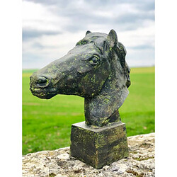 L'Héritier Du Temps Grande Statue de Cheval Tête ou Buste de Cheval Tête de Pilastre ou Colonne en Fonte Verte 20x56x59cm