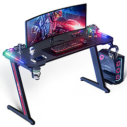 WEVALLEY Bureau Gaming LED , 140 x 60cm Plateau en Fibre de Carbone, Bureau Informatique Ergonomique avec Noir+ 