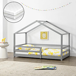 Lit Cabane Knätten avec Grille de Protection et Matelas Orthopédique 140 x 70 cm Gris Clair [en.casa]