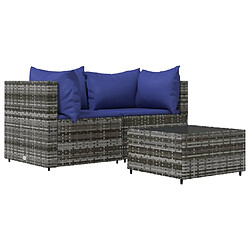 vidaXL Salon de jardin 3 pcs avec coussins Gris Résine tressée