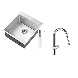 Auralum MAX Évier Cuisine 1Bac Argent,44*49*20 CM,avec Distributeur Savon,Inox+Robinet de cuisine rétractable à deux fonctions, chromé